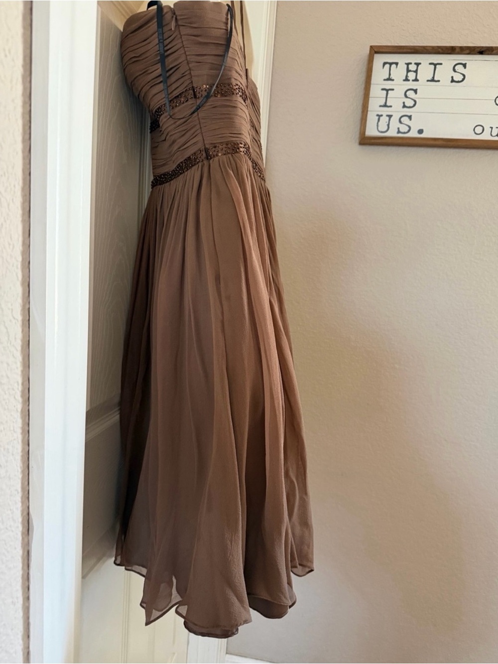 Laundry by Shelli Segal 100% Silk Beaded Chiffon Dress Brown Size 4 - Picture 7 of 11